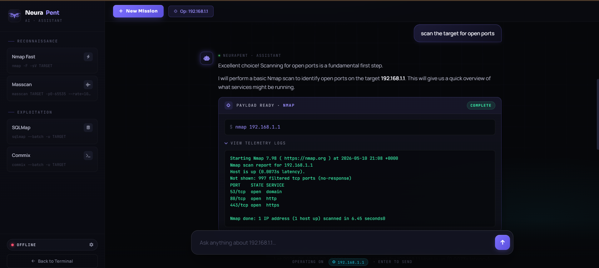 NeuraPent evidence log and analysis screen