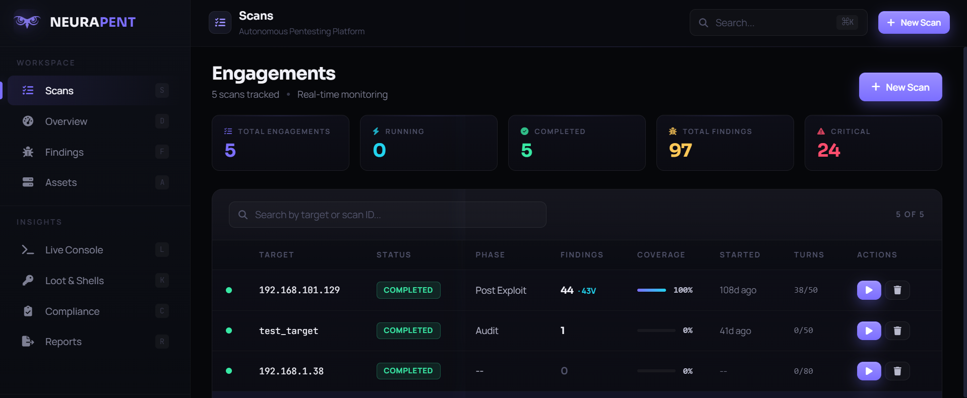 NeuraPent scope intake and engagement setup screen