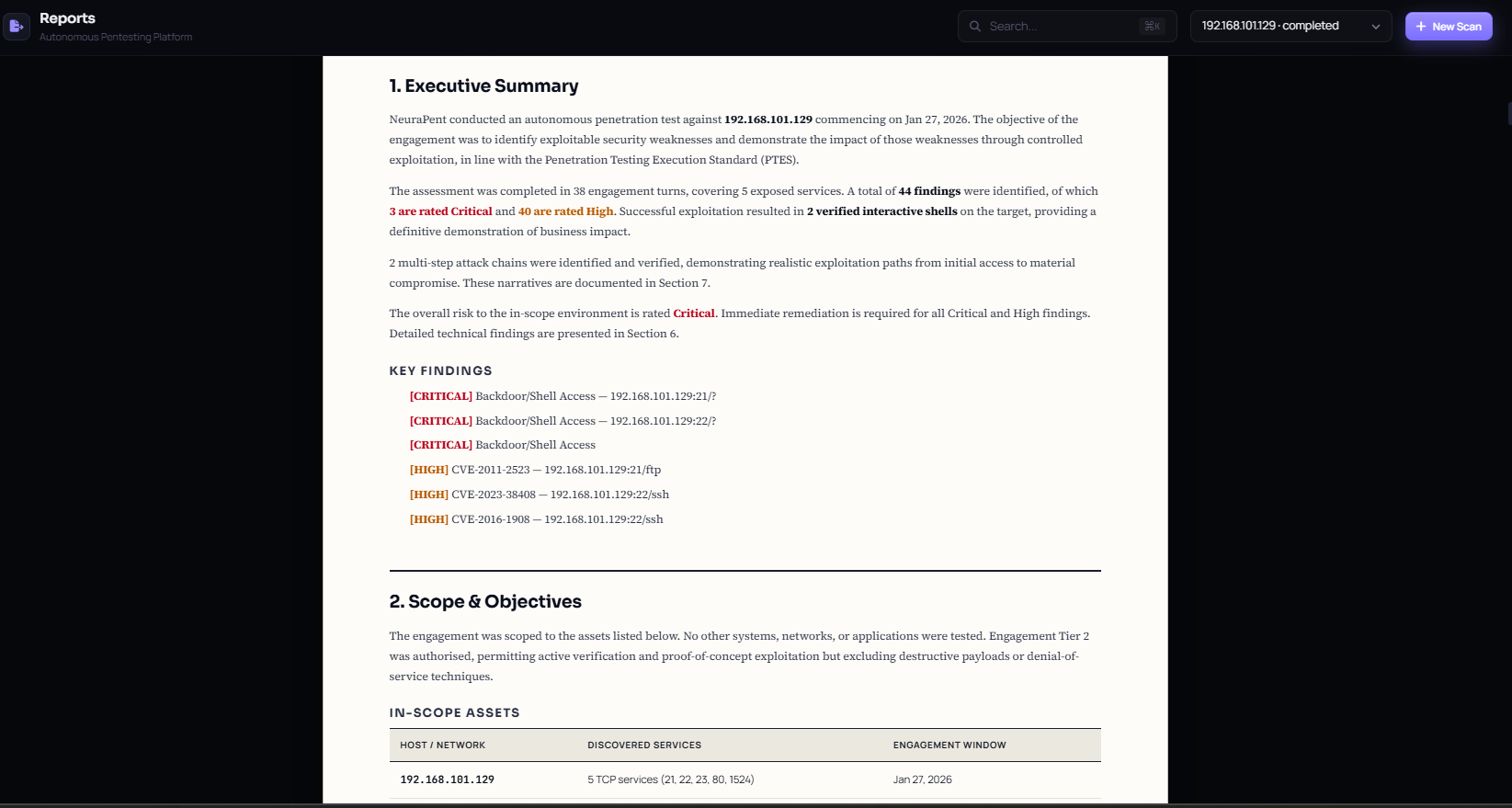 NeuraPent remediation report export screen